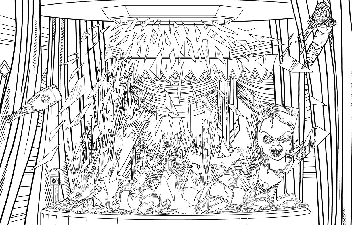Chucky: the Official Coloring Book cover featuring a detailed line art illustration of Chucky amidst shattered glass.