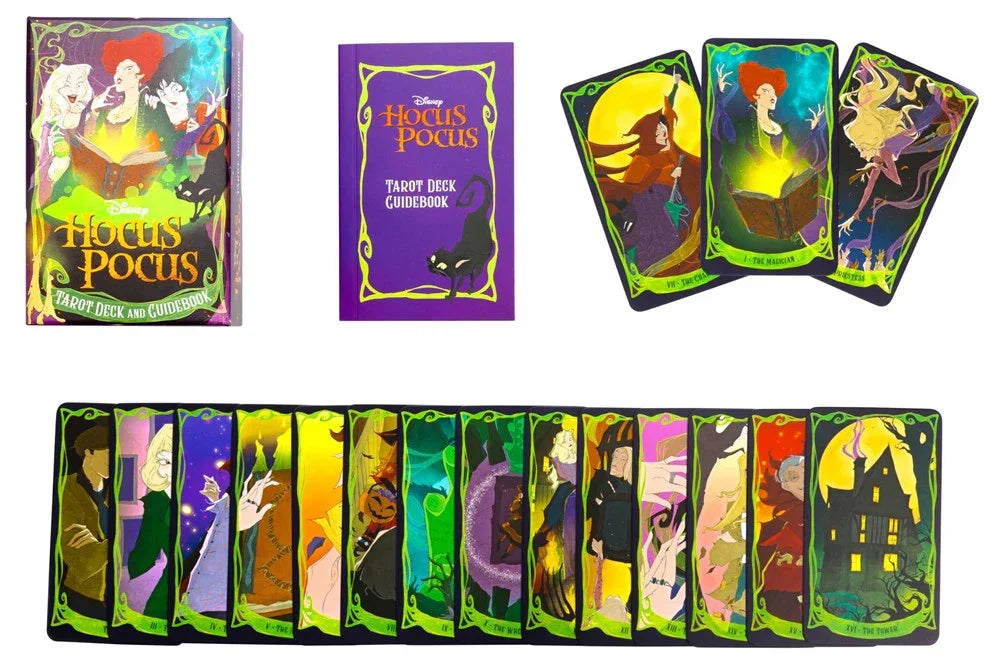 Hocus Pocus tarot deck and guidebook featuring colorful cards with character illustrations and a black cat design.