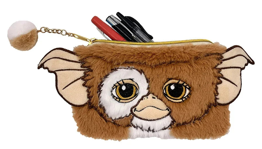 Gizmo plush accessory pouch with embroidered facial features and a fluffy texture, holding pens and markers.