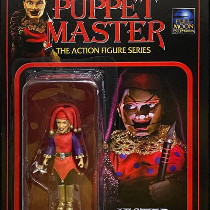 Jester action figure in packaging, featuring a red and purple costume with a jester hat and accessories.