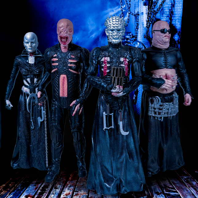 Five figures in dark, detailed costumes with a blue and black background