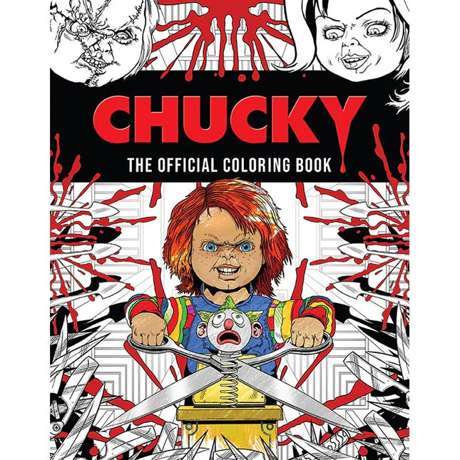 Chucky: the official coloring book cover featuring Chucky with a knife, surrounded by red splatters and illustrations.