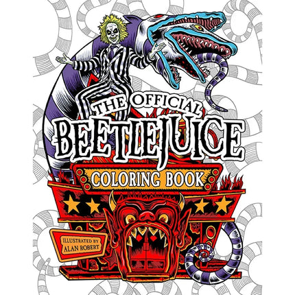 Beetlejuice: The Official Coloring Book cover featuring colorful illustrations and characters, including Beetlejuice and a...