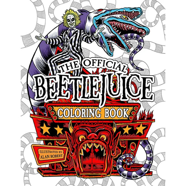 Beetlejuice: The Official Coloring Book cover featuring colorful illustrations and characters, including Beetlejuice and a...