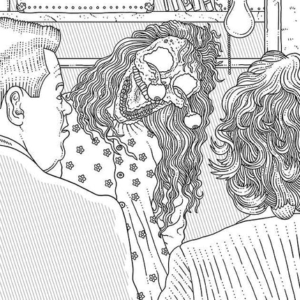 Beetlejuice coloring book page featuring a character with wild hair and a spooky expression, surrounded by two figures.