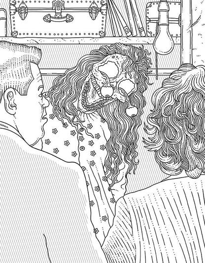 Beetlejuice coloring book page featuring a character with wild hair and a spooky expression, surrounded by two figures.