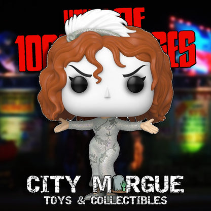 House of 1000 Corpses Baby Glitter Funko Pop! figure with curly red hair and silver outfit, standing against a colorful ba...