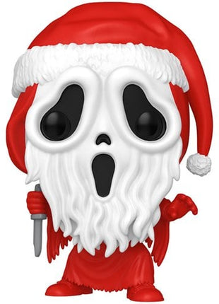 A Funko Pop! vinyl figure of Ghostface dressed as Santa Claus, featuring a red Santa suit, white beard, and Santa hat, holding a knife, on a solid white background.