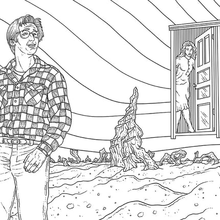 Line art featuring a man in a plaid shirt in a surreal landscape with twisted trees and a woman in a doorway.