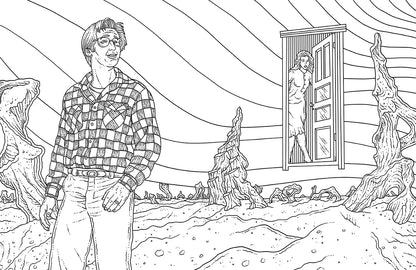 Line art featuring a man in a plaid shirt in a surreal landscape with twisted trees and a woman in a doorway.