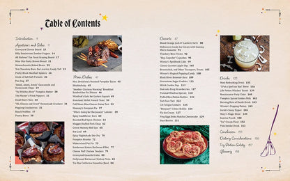 Table of contents from "Hocus Pocus: The Official Cookbook" featuring recipes and page numbers on a light background.