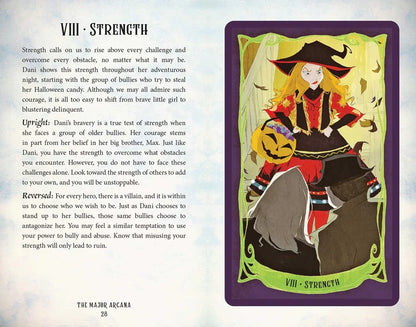 Hocus Pocus tarot card featuring a witch holding a pumpkin, with text detailing the Strength card's meaning.