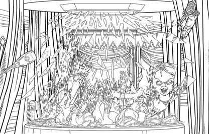 Chucky: the Official Coloring Book cover featuring a detailed line art illustration of Chucky amidst shattered glass.
