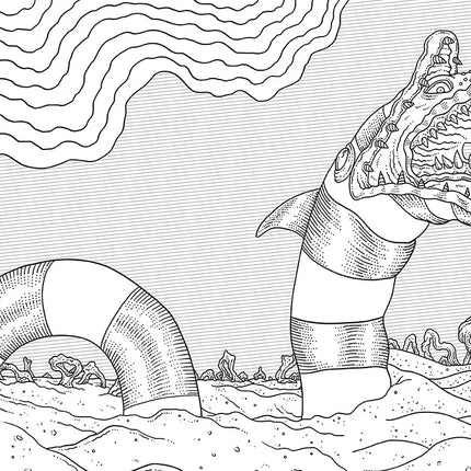 Line art of a striped sandworm with sharp teeth in a surreal desert landscape, featuring various rocky formations.
