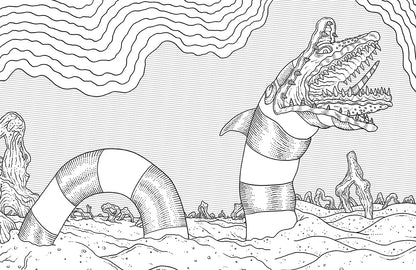 Line art of a striped sandworm with sharp teeth in a surreal desert landscape, featuring various rocky formations.