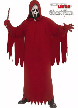 A person wearing a Ghostface Halloween costume stands against a white background, holding a knife prop. The costume includes a long red hooded robe with tattered edges, red gloves, and a white Ghost Face mask.