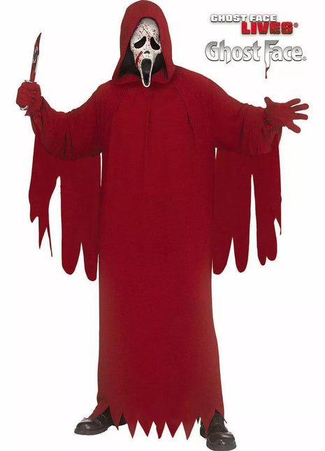 A person wearing a Ghostface Halloween costume stands against a white background, holding a knife prop. The costume includes a long red hooded robe with tattered edges, red gloves, and a white Ghost Face mask.
