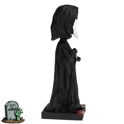 Royal Bobbles Ghost Face collectible bobblehead statue in a black cloak with a white mask, standing on a base with blood d...