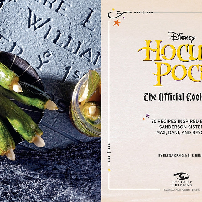 Hocus Pocus: The Official Cookbook featuring green snacks resembling fingers on a dark surface with text on the right.