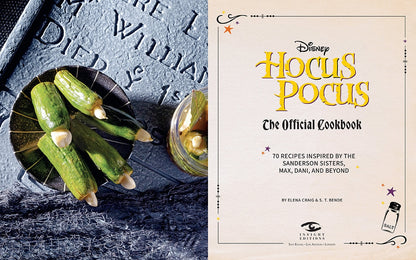 Hocus Pocus: The Official Cookbook featuring green snacks resembling fingers on a dark surface with text on the right.