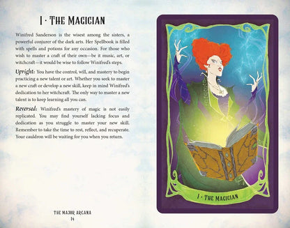 Hocus Pocus tarot card titled "The Magician," featuring a woman with red hair, holding a book and surrounded by magical el...