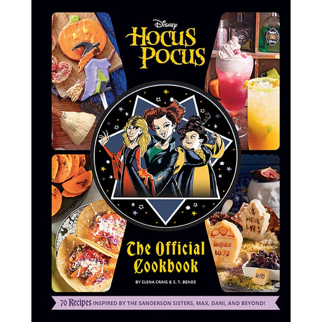 Hocus Pocus: The Official Cookbook cover featuring colorful dishes, drinks, and illustrations of the Sanderson sisters.