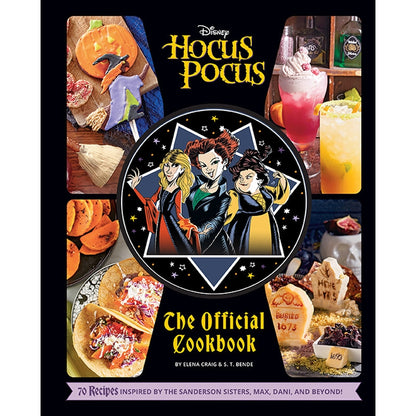 Hocus Pocus: The Official Cookbook cover featuring colorful dishes, drinks, and illustrations of the Sanderson sisters.