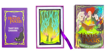 Hocus Pocus tarot deck and guidebook in a purple box with illustrations of hands and characters from the movie.