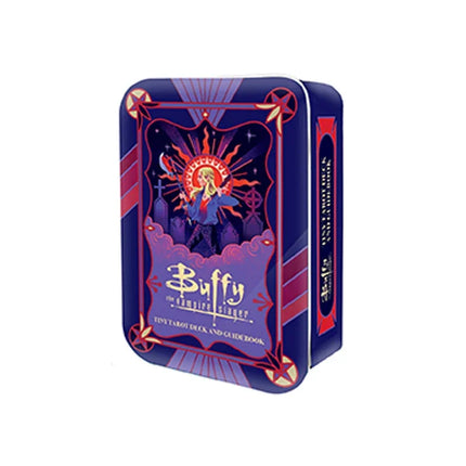Buffy the Vampire Slayer tiny tarot deck and guidebook in a decorative tin with vibrant colors and detailed artwork.