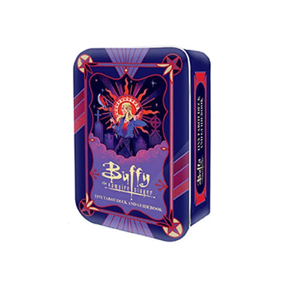Buffy the Vampire Slayer tiny tarot deck and guidebook in a decorative tin with vibrant colors and detailed artwork.