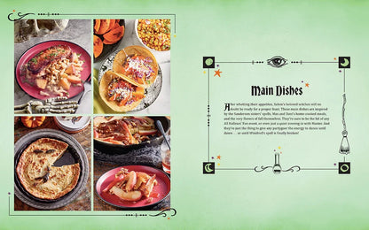 Hocus Pocus: the Official Cookbook featuring colorful dishes on green background, including tacos and apple dessert.