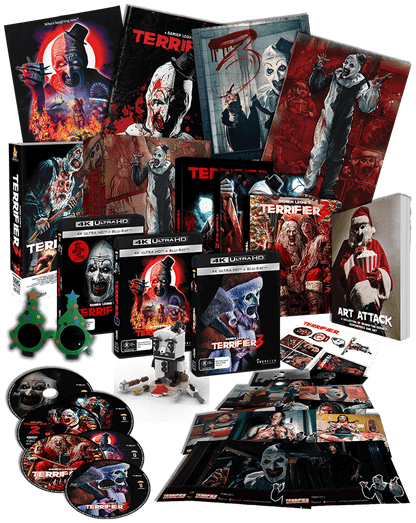 ART ATTACK - Terrifier Collector's Edition Boxset (4 Movie +Slipcases +Book +Brick Set +VHS +Sunglasses) 4K & Blu-ray - City Morgue Toys & Collectibles