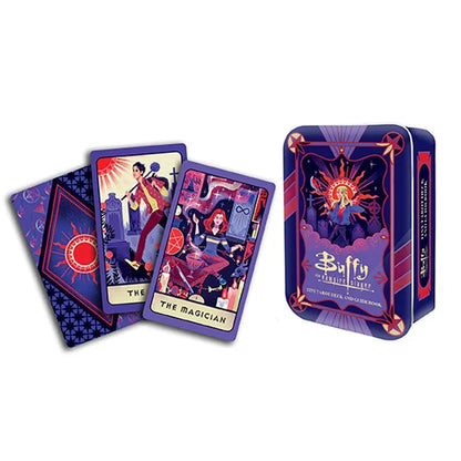 Buffy the Vampire Slayer tiny tarot deck with illustrated cards and a decorative tin, featuring vibrant colors and designs.