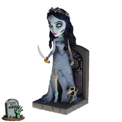 Royal Bobbles Corpse Bride Emily bobblehead, featuring a blue dress, sword, and skull at her feet, set against a tombstone...