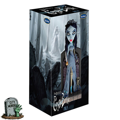 Royal Bobbles Corpse Bride Emily bobblehead in a decorative box, featuring a ghostly background and detailed character des...