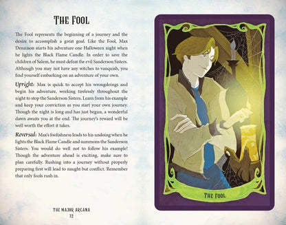 The Fool tarot card featuring a young man with brown hair and a green background, part of the Hocus Pocus tarot deck.