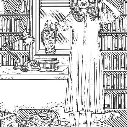 Beetlejuice: the Official Coloring Book cover featuring a woman holding a head, surrounded by books and a lamp.