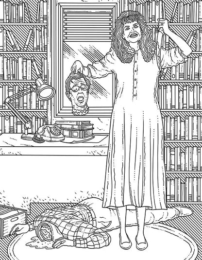 Beetlejuice: the Official Coloring Book cover featuring a woman holding a head, surrounded by books and a lamp.