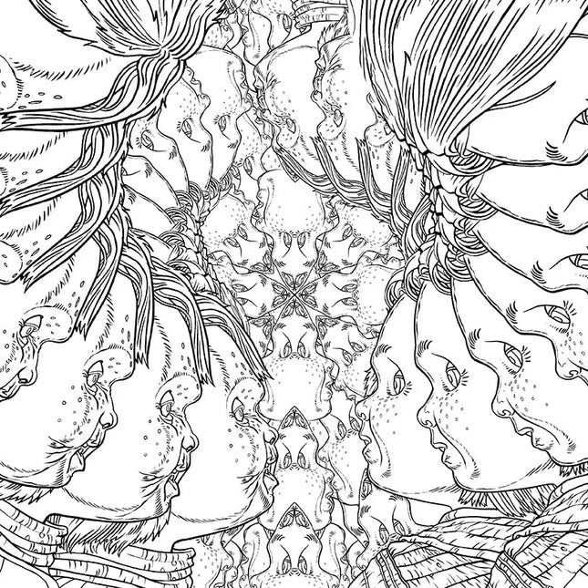 Chucky: the Official Coloring Book cover featuring intricate black and white illustrations of multiple Chucky faces.