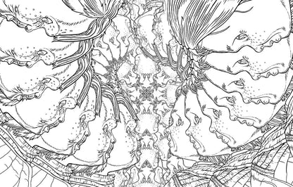 Chucky: the Official Coloring Book cover featuring intricate black and white illustrations of multiple Chucky faces.