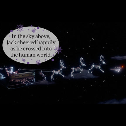 Jack Skellington flying in a sleigh with skeletal reindeer against a night sky, featuring a speech bubble with text.
