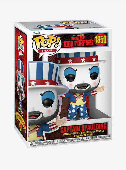 Captain Spaulding Funko Pop! Vinyl figure in a box, featuring a clown with a red, white, and blue outfit and painted face.