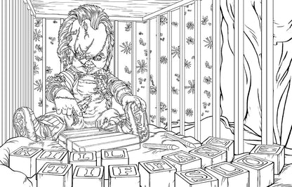 Chucky coloring book page featuring a caged doll with blocks spelling "Tiffany" and "Kill" in a detailed line art style.