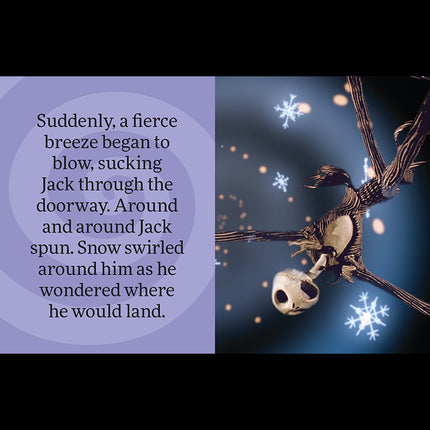 Jack Skellington tiny book cover featuring a snow scene with swirling snowflakes and a purple background.