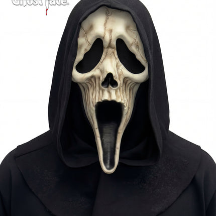 A Ghostface mask and black hooded robe costume from Ghostface Lives on Netflix, shown on a white background with the Ghostface Lives logo in the top left corner.