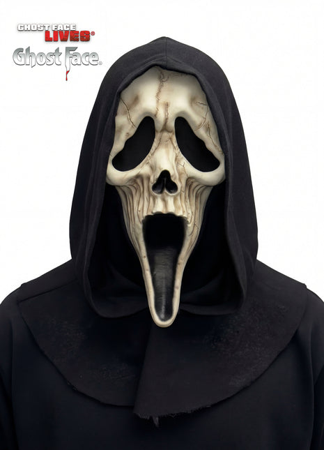 A Ghostface mask and black hooded robe costume from Ghostface Lives on Netflix, shown on a white background with the Ghostface Lives logo in the top left corner.