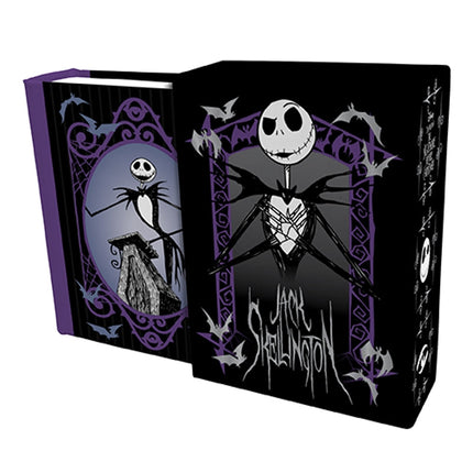 Jack Skellington tiny book featuring a black cover with purple accents and illustrations of Jack and bats.