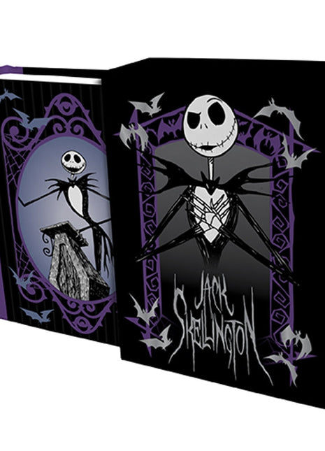 Jack Skellington tiny book featuring a black cover with purple accents and illustrations of Jack and bats.