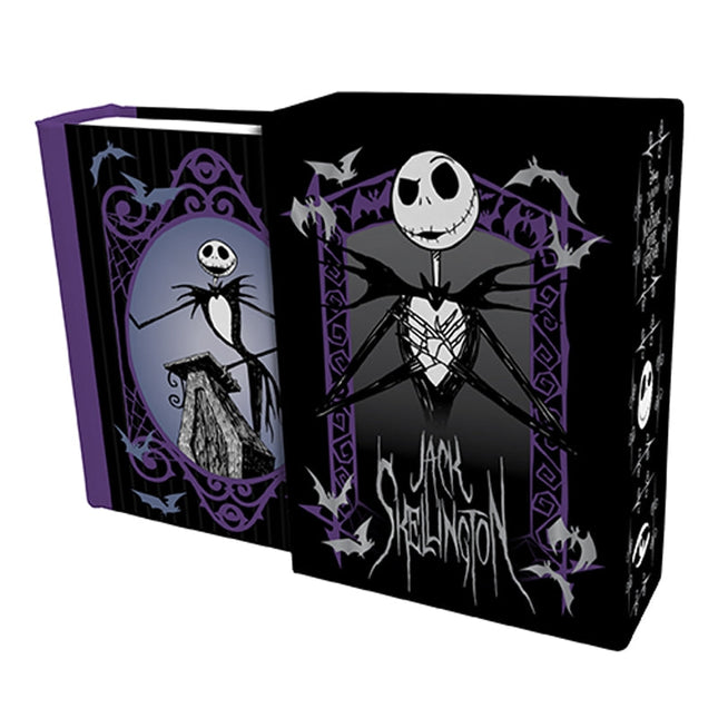 Jack Skellington tiny book featuring a black cover with purple accents and illustrations of Jack and bats.