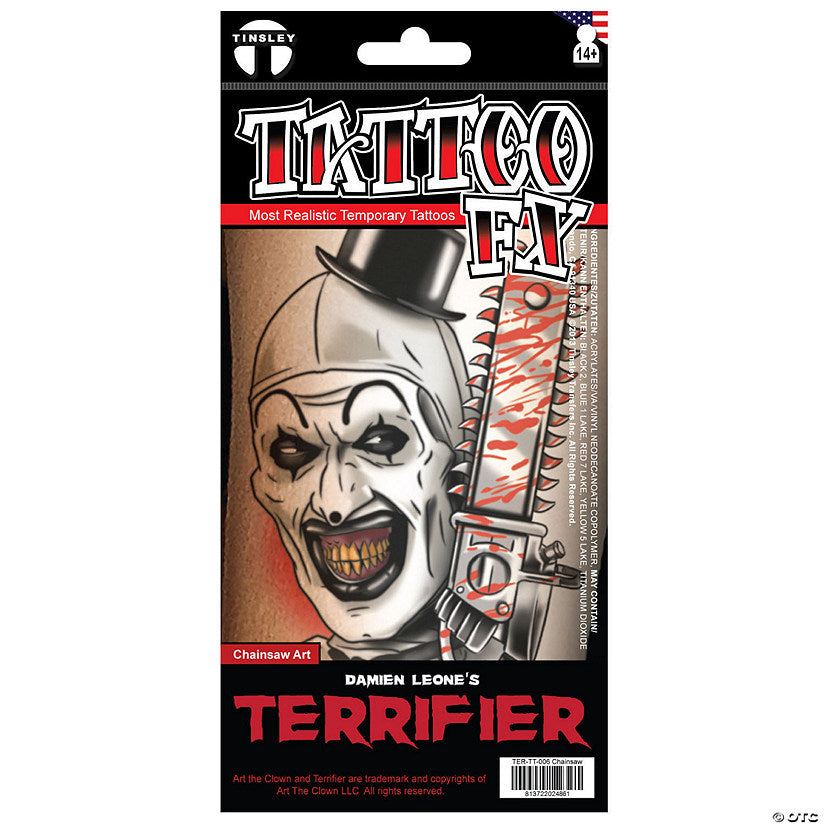 Tinsley Transfers Terrifier™ Art the Clown Chainsaw Art Temporary Tattoo